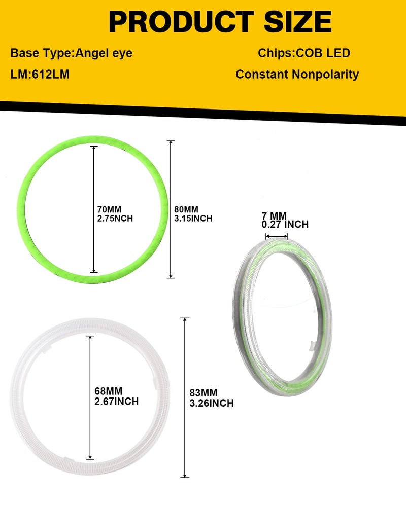 Qasim 80MM Green 63SMD Car Angel Eyes COB LED Halo Ring With Cover LED DRL Fog Light 12V 24V-1Pair - Image 2